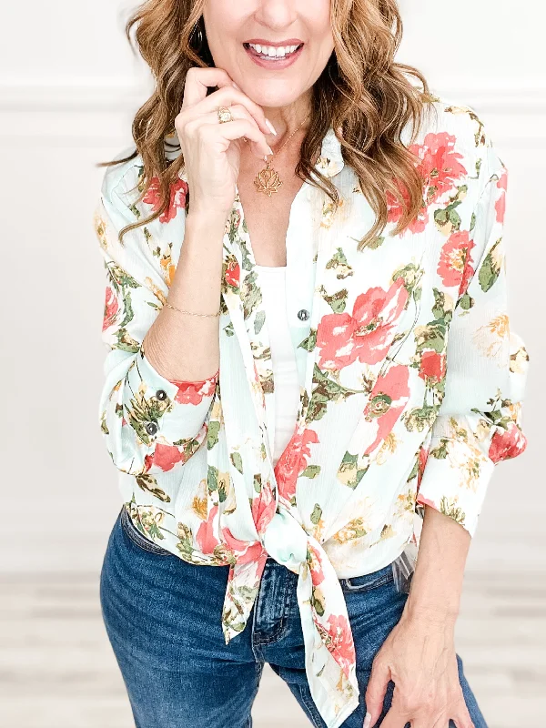 Great Bargain Long Sleeve Button Down Top in Floral Print