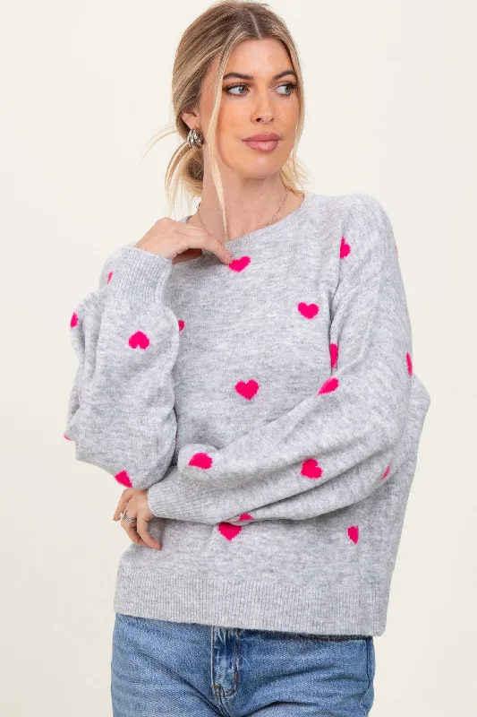 Weekend Wonders Await! Heather Grey Heart Print Oversized Sweater