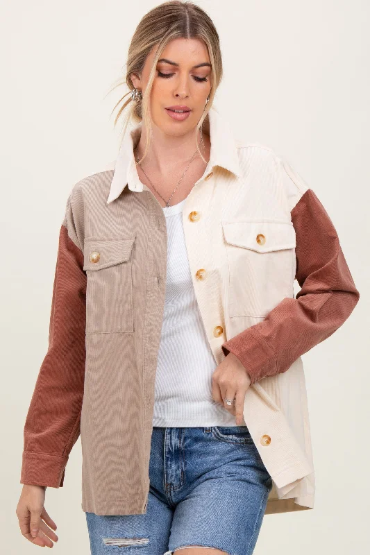 Massive Savings Ivory Corduroy Colorblock Oversized Shirt Jacket