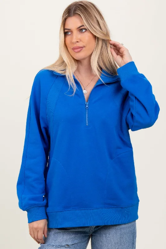 Weekend Bargains to Cherish Blue Half Zip Contrast Rib Sweatshirt Top