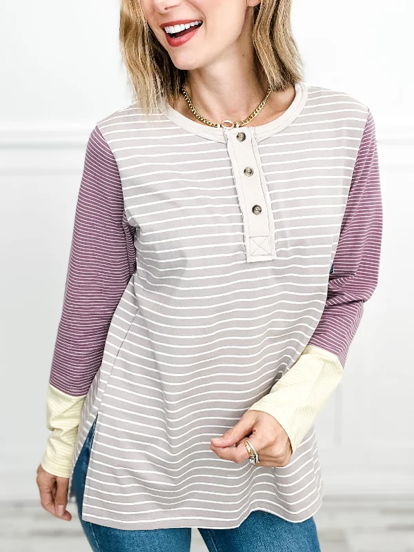 Weekend Discounts You Deserve Long Sleeve Henley Striped Knit Top