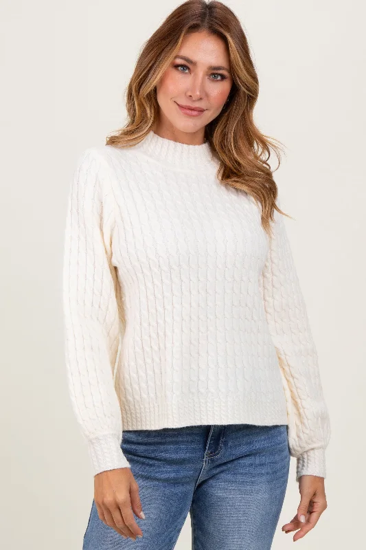 Quick Sale Cream Cable Knit Mock Neck Bubble Sleeve Sweater