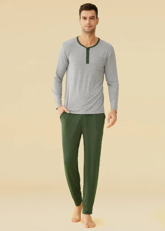 Men's Bamboo Viscose Pajamas Set Henley Long Sleeves Top Pants