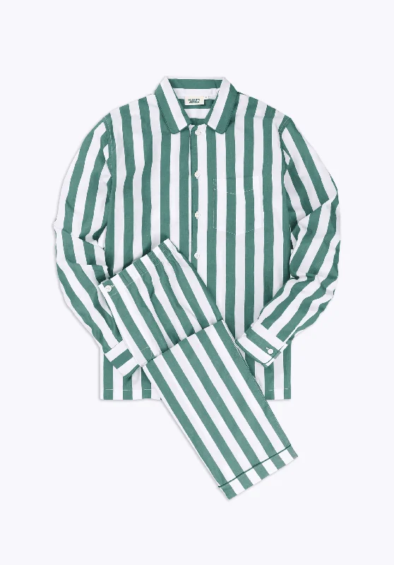 Henry Pajama Set in Green & White Tent Stripe