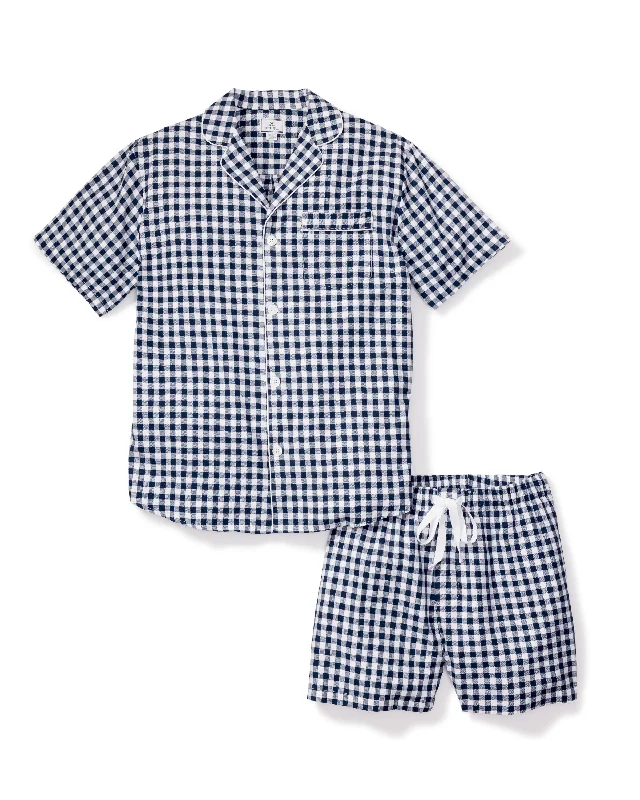 Men's Twill Pajama Short Set in Navy Gingham