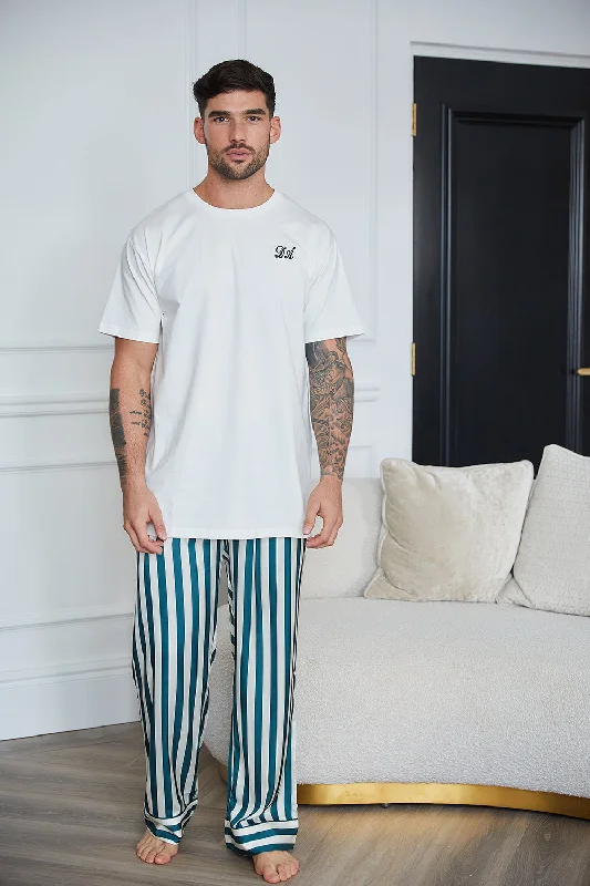 Personalised Christmas Men's Stripe Trousers & Jersey T-shirt set - Forest Green  / Ivory