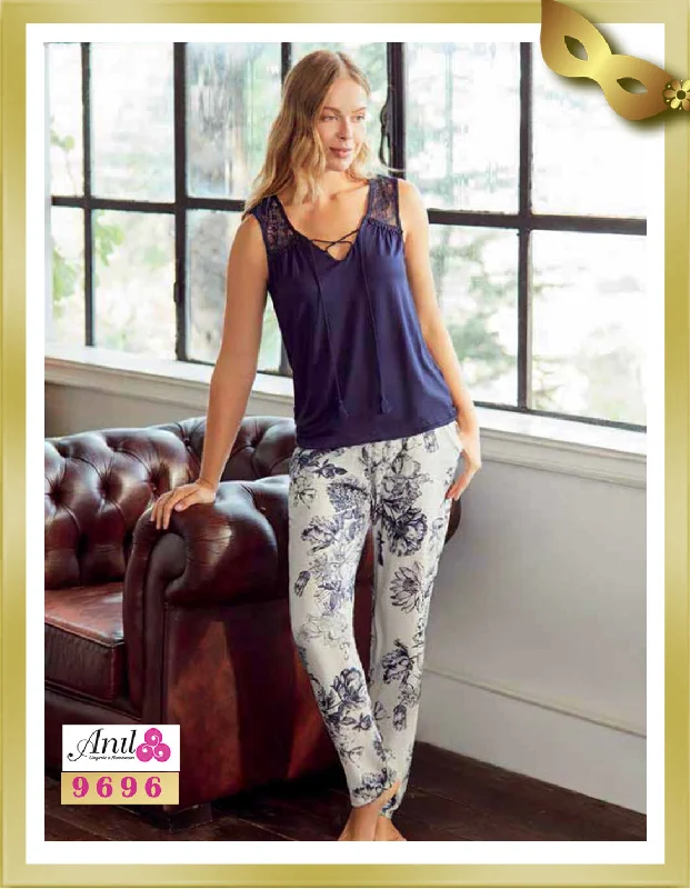 Sleeveless Top with Lace and Floral Pant Pajamas 9696