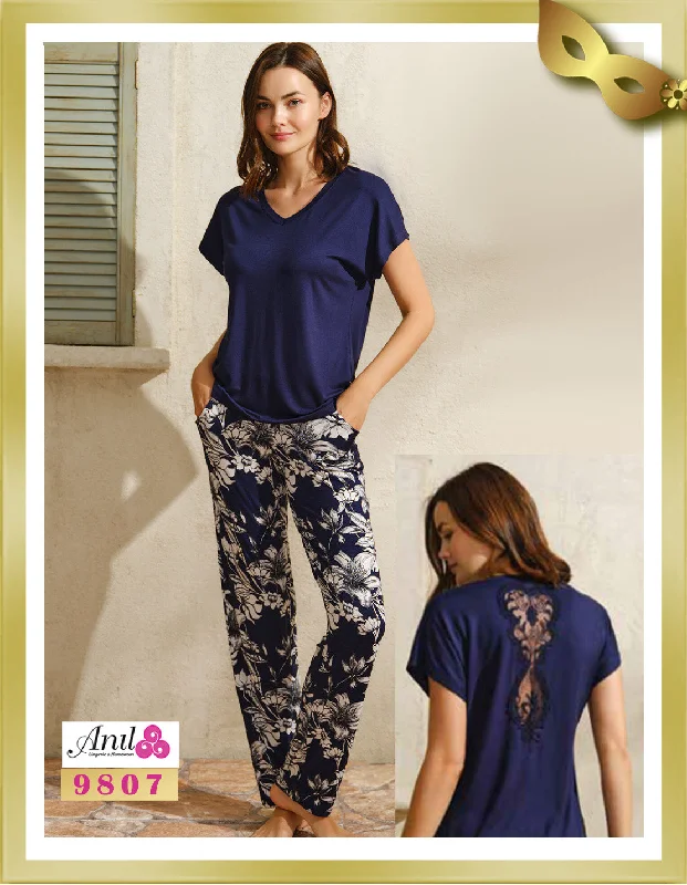 V-Neck Top and Printed Long Pants Set 9807