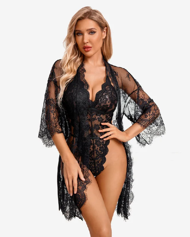 2 Piece Set Lace Kimono Robe with Lace Teddy