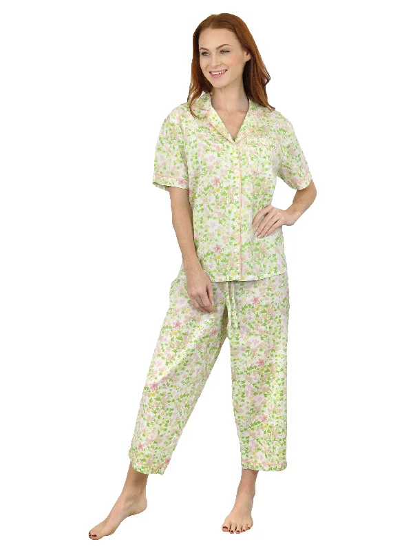 La Cera Short Sleeve Lime Floral Cotton Pajama Set