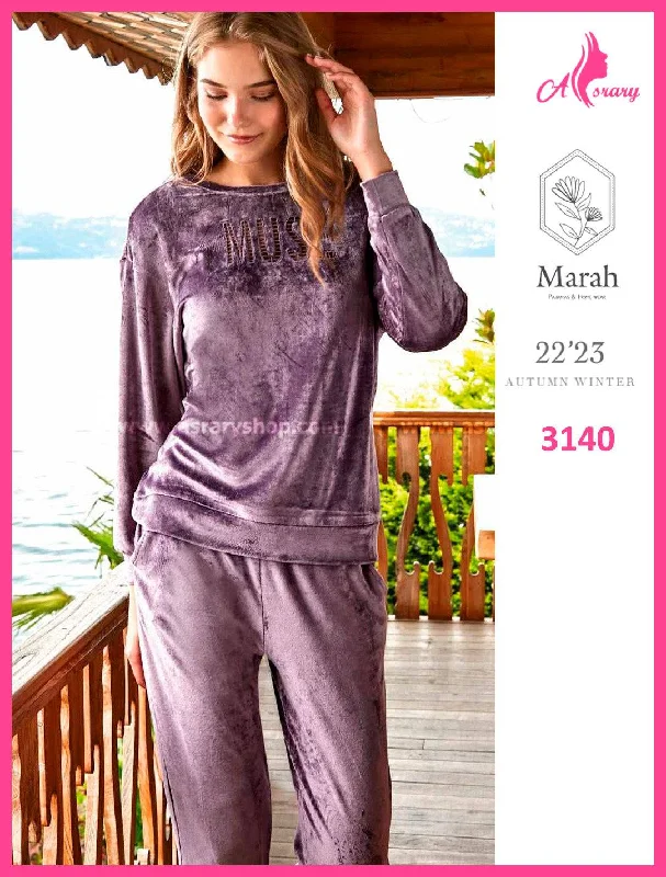 Velvet Embroidered Pajamas with Back Lace Details 3140