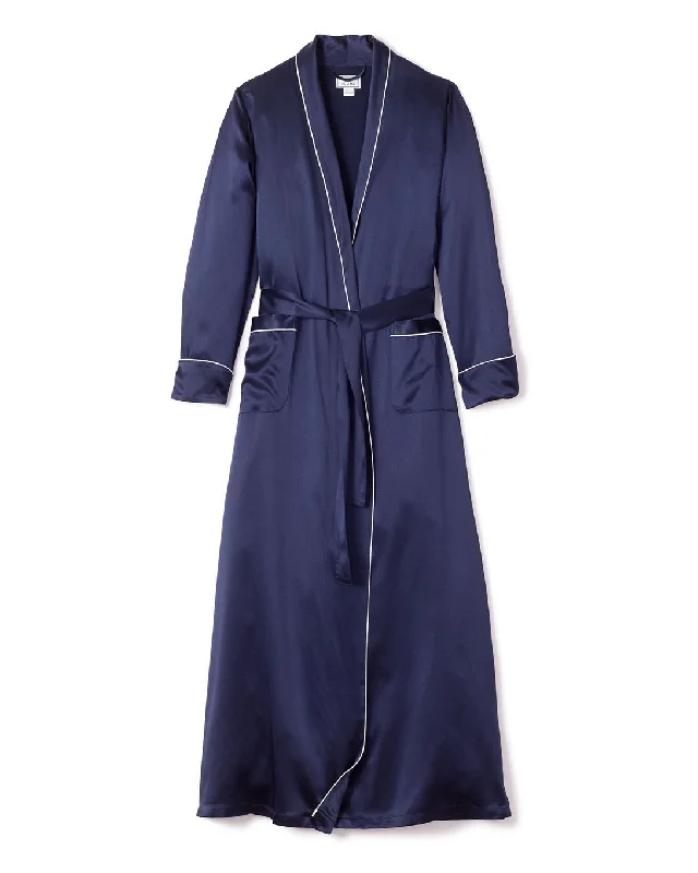 Women's Silk Long Robe in Navy