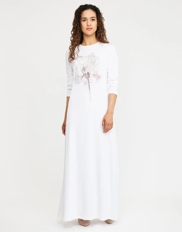 Pop On Nightgown with Floral Motif White