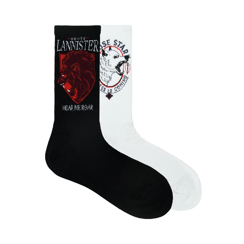 BALENZIA X GAME OF THRONES House Lannister Sigil & House of Stark Crew Length Rib Socks for Men (Free Size)(Pack of 2 Pairs/1U)White & Black