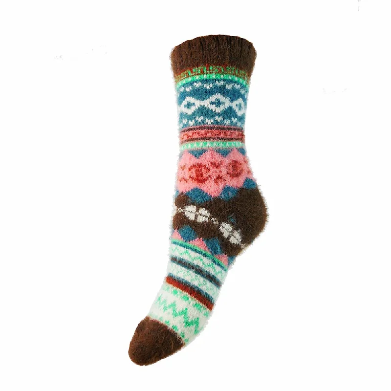 Brown and green Nordic patterned soft Wool Blend socks