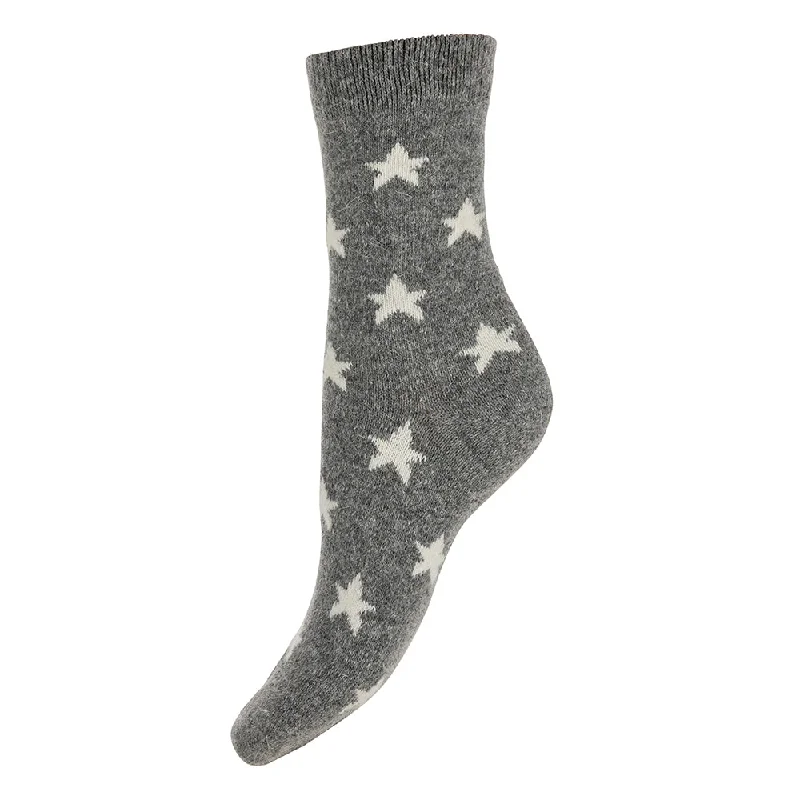 Grey  with cream Stars, wool blend socks size 4-7