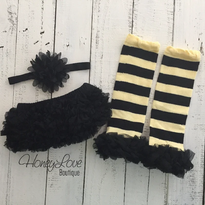 Yellow and Black Bumble Bee leg warmers, black ruffle bottom bloomer, matching flower headband