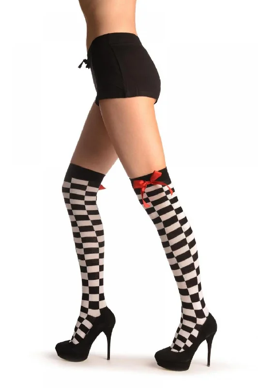 White & Black Checkered With Red Satin Bow